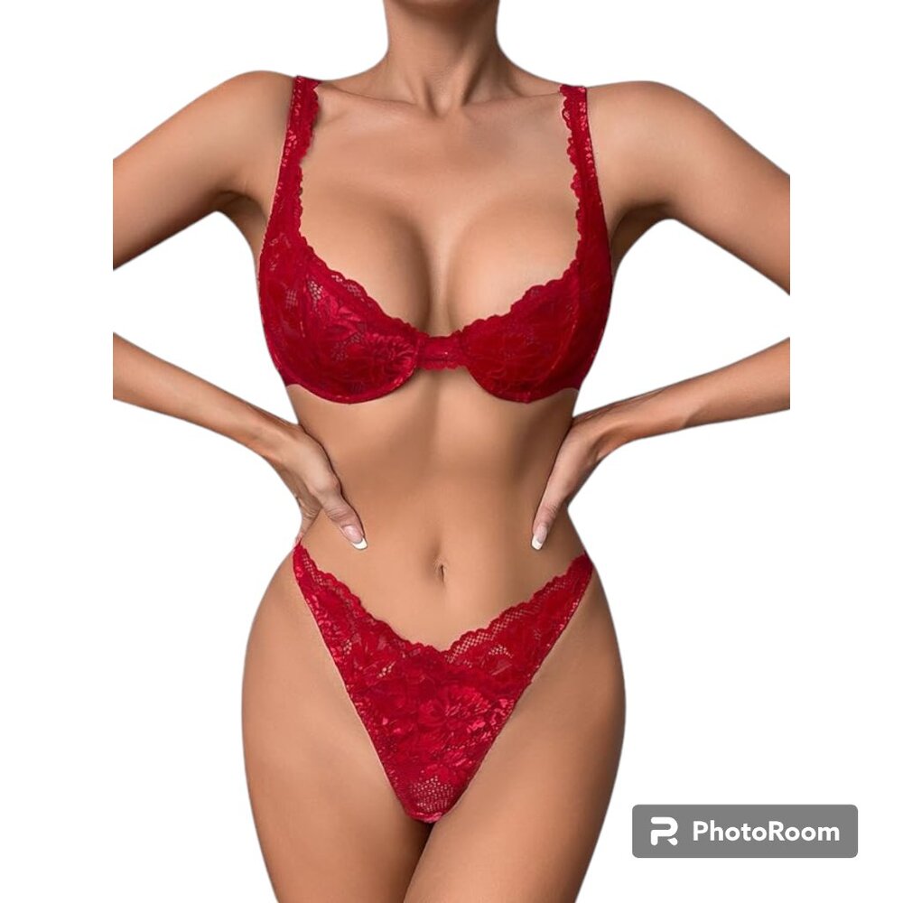 Red Women Sexy Lace Lingerie Set Floral Underwired Bra Panty set Sz Sm NWOT‎